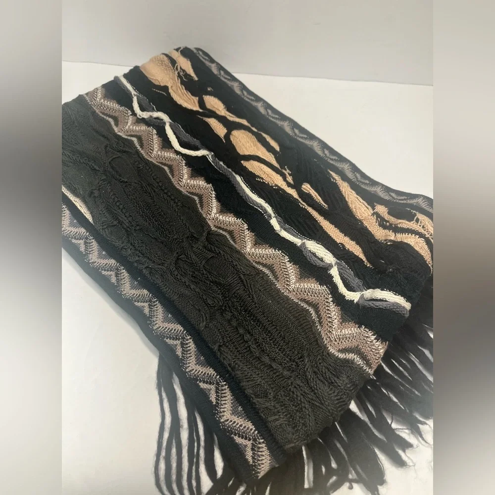 COOGI Australia 100% Cotton Scarf Black Gray 3D Knit Fringe VTG